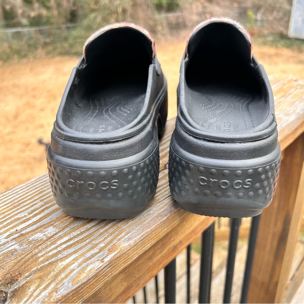 CROCS Women's Black and Leopard Platform Clogs - Picture 8 of 11